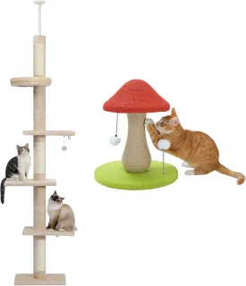 PETEPELA Cat Tower 5-Tier Floor to Ceiling Cat Tree Height(95-107 Inches)  PETEPELA Mushroom Cat Scratching Post, Cat Scratcher Cute with 100% Sisal Covered Scratching Post