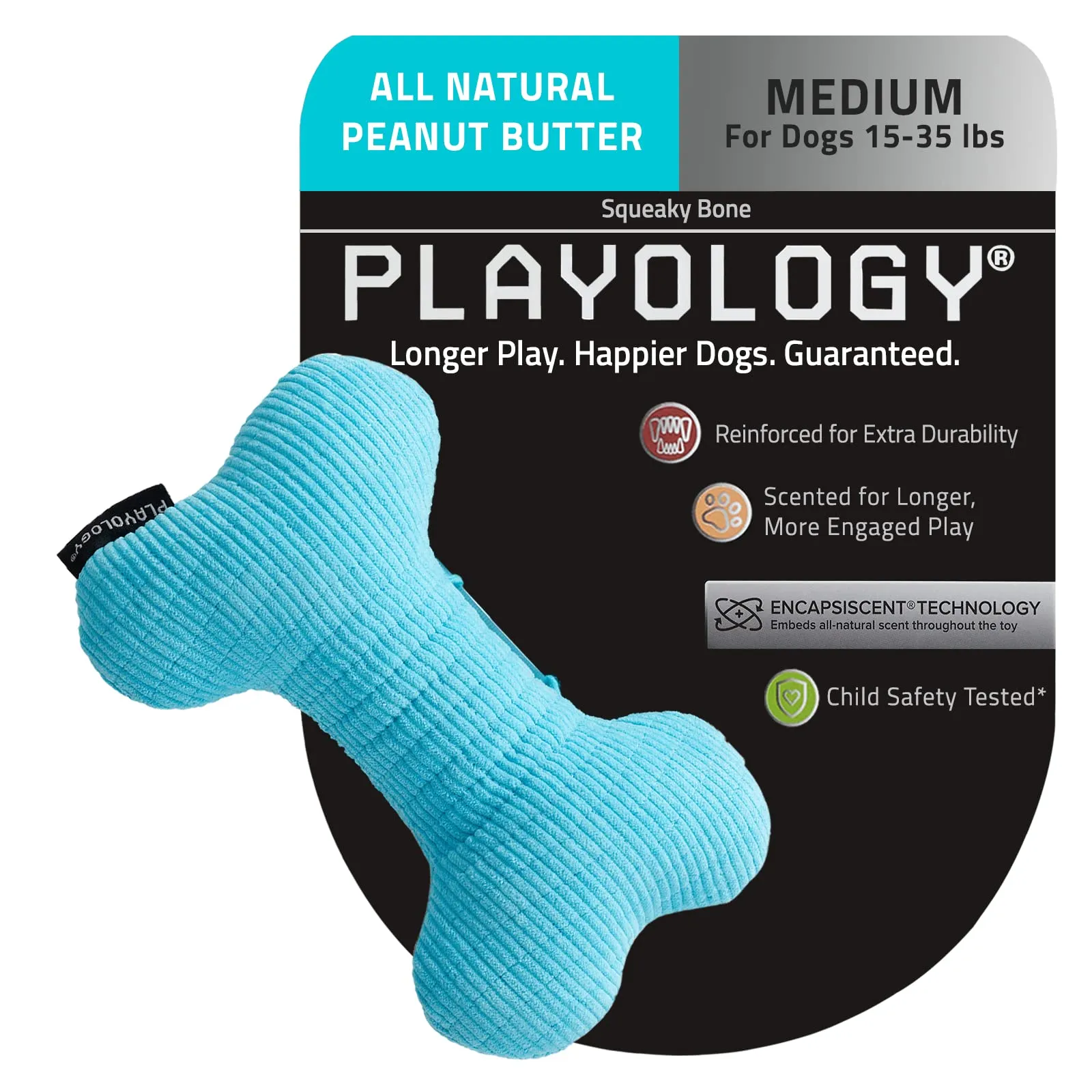 Playology Peanut Butter Scented Squeaky Bone Plush Dog Toy with Encapsiscent Technology - Medium