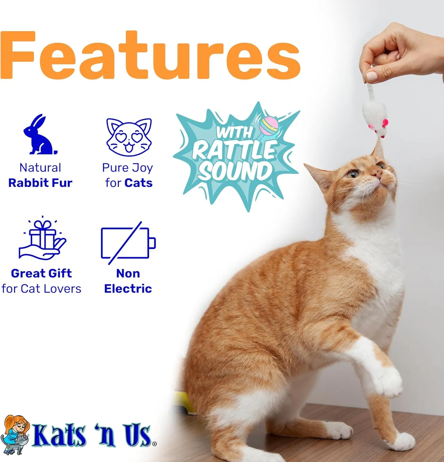 Real Rabbit Fur White Mouse Cat Toy - 5 Pak - Rattle Sound