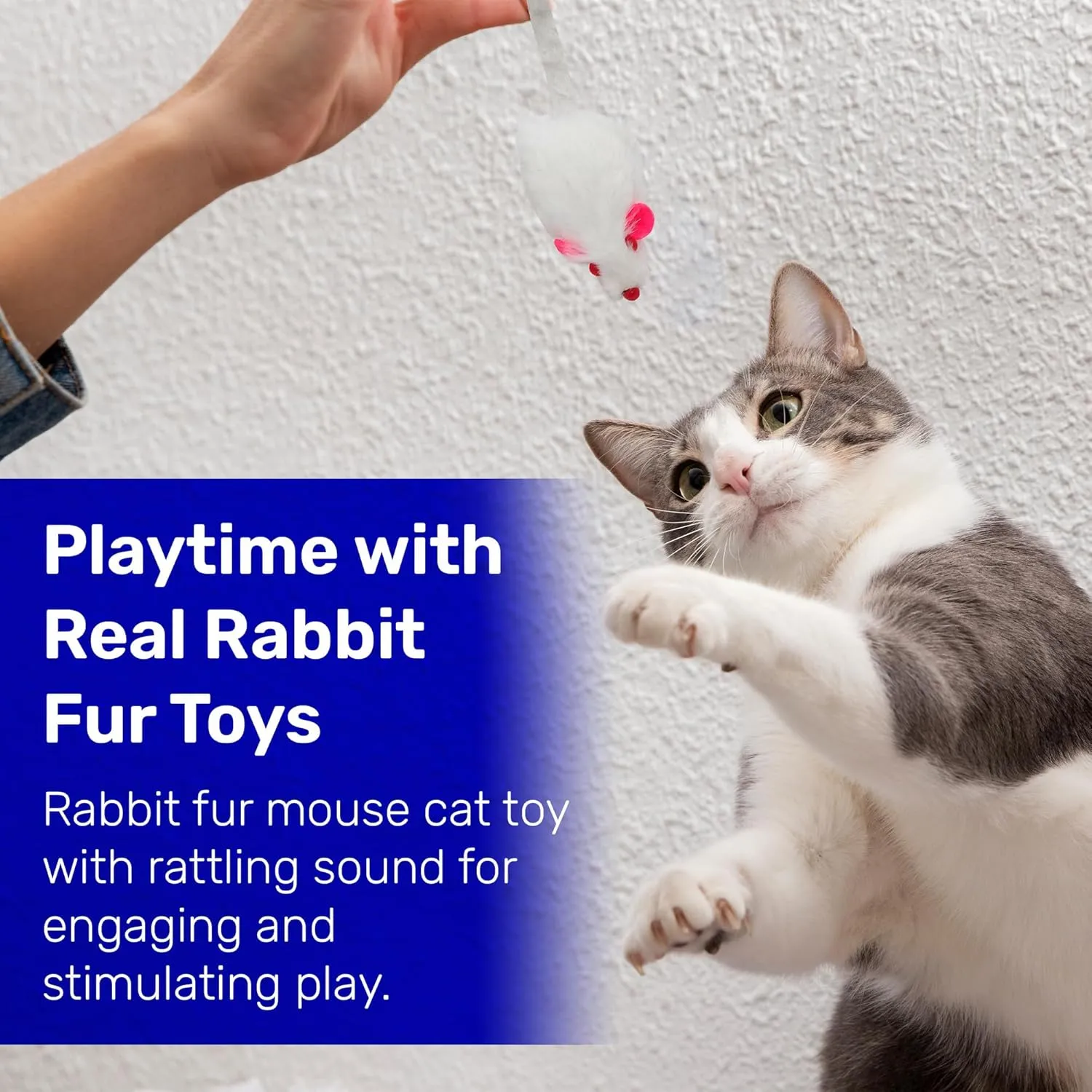 Real Rabbit Fur White Mouse Cat Toy - 5 Pak - Rattle Sound