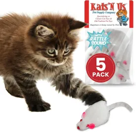 Real Rabbit Fur White Mouse Cat Toy - 5 Pak - Rattle Sound