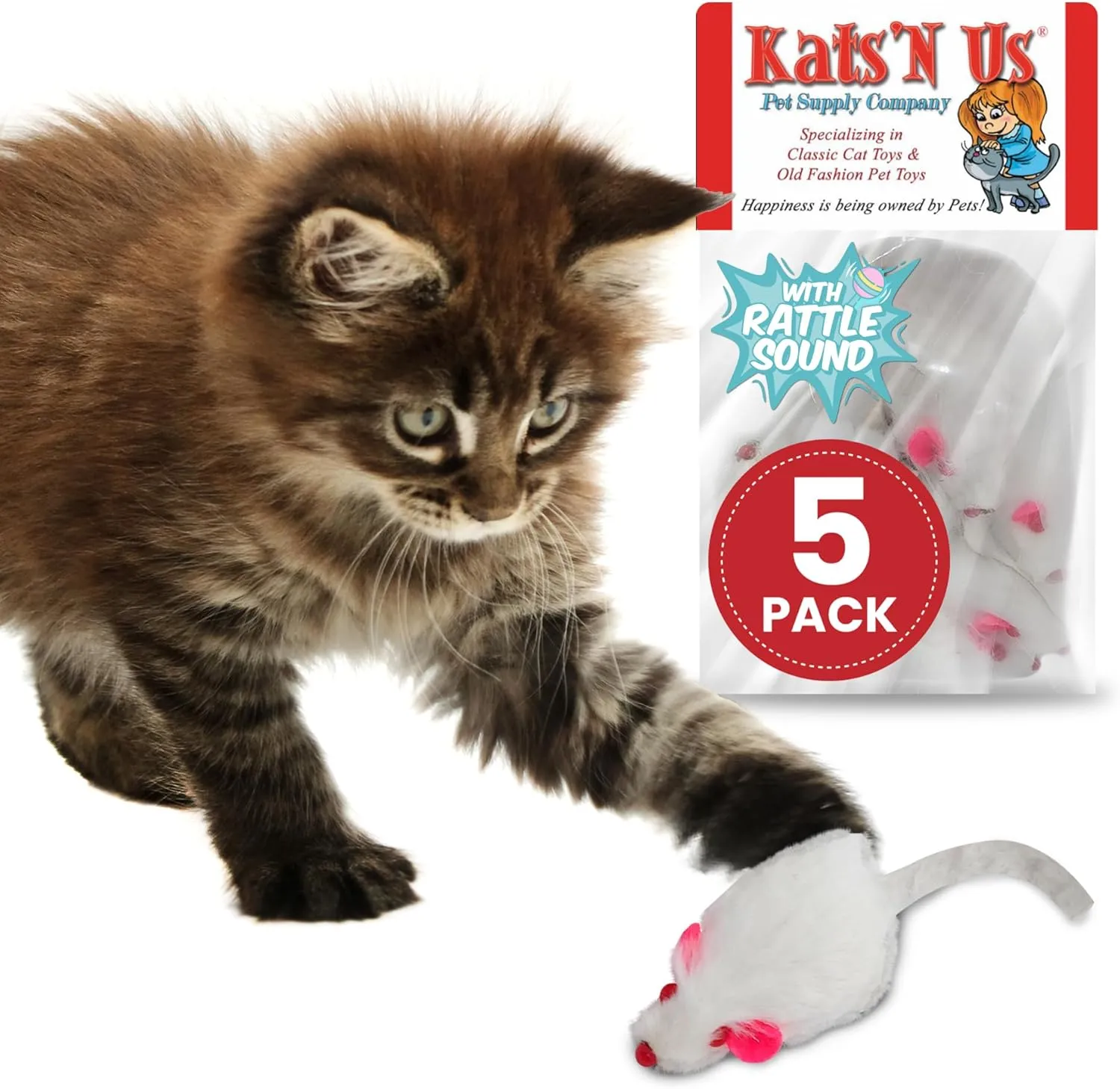 Real Rabbit Fur White Mouse Cat Toy - 5 Pak - Rattle Sound