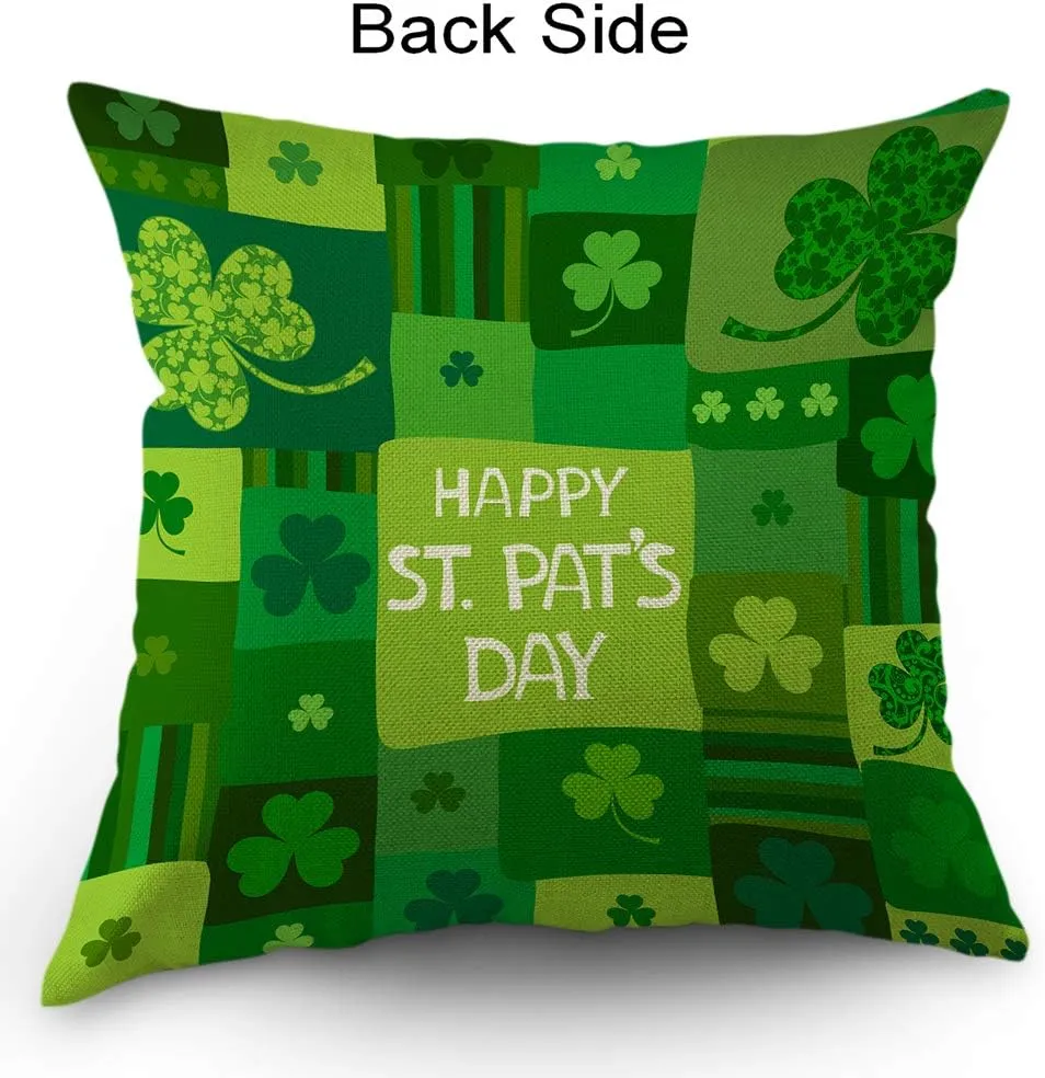Shamrock Decorative Throw Pillow Cover Happy St Patrick's Day Lucky Leaf Nature Stripes Pillow Case Cotton Linen for Home Sofa Square Cushion 18x18 Inch Green