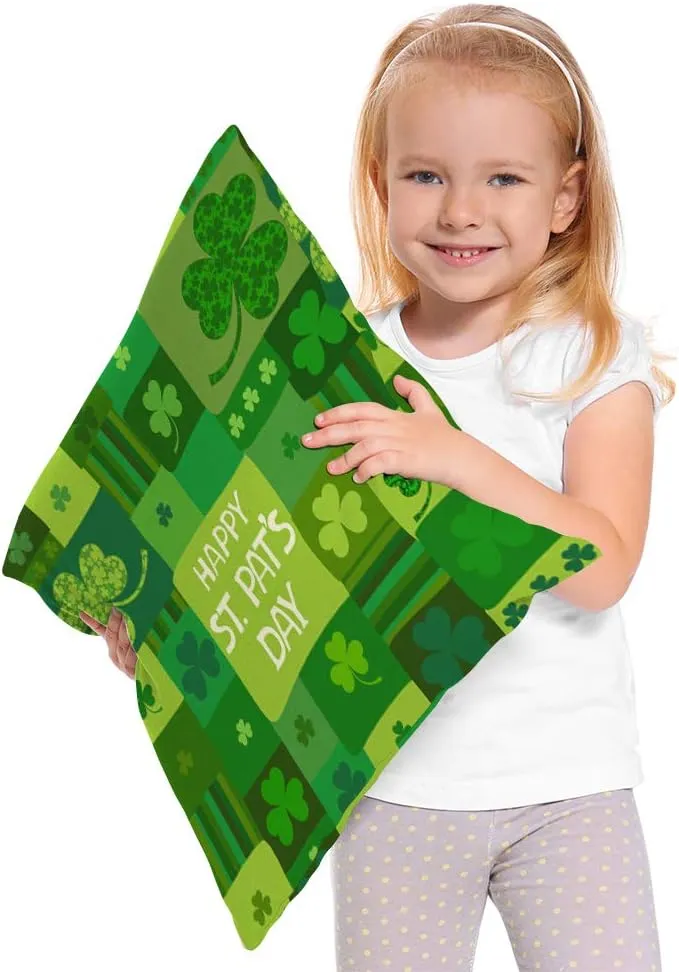 Shamrock Decorative Throw Pillow Cover Happy St Patrick's Day Lucky Leaf Nature Stripes Pillow Case Cotton Linen for Home Sofa Square Cushion 18x18 Inch Green