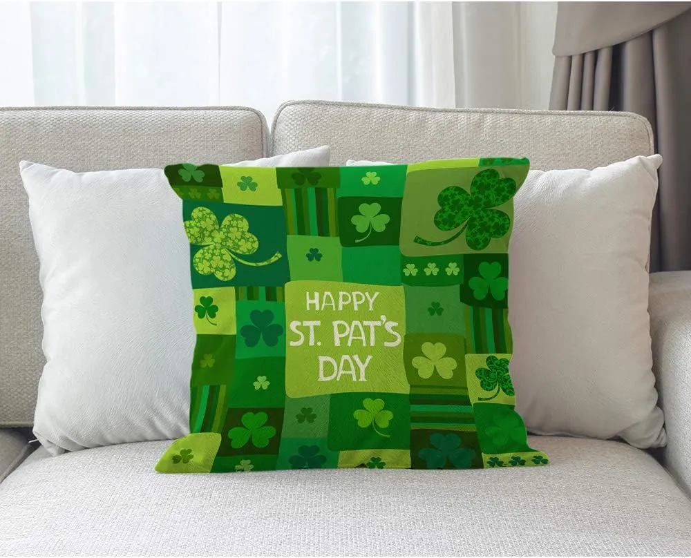 Shamrock Decorative Throw Pillow Cover Happy St Patrick's Day Lucky Leaf Nature Stripes Pillow Case Cotton Linen for Home Sofa Square Cushion 18x18 Inch Green