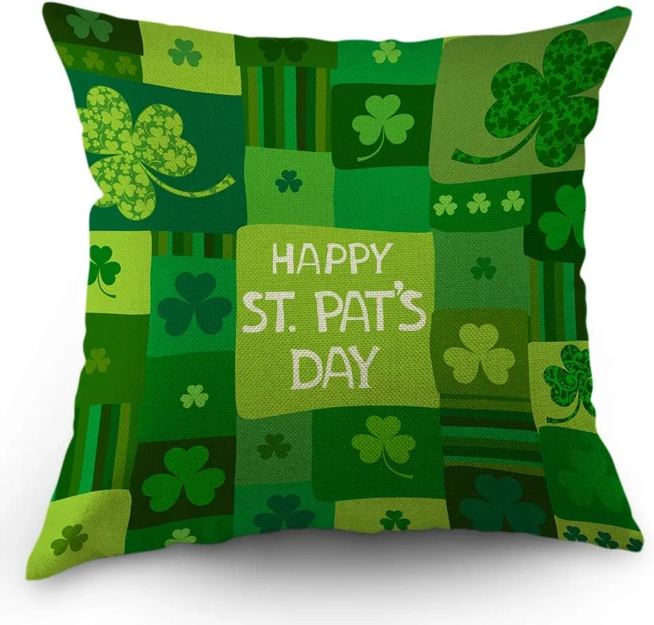Shamrock Decorative Throw Pillow Cover Happy St Patrick's Day Lucky Leaf Nature Stripes Pillow Case Cotton Linen for Home Sofa Square Cushion 18x18 Inch Green