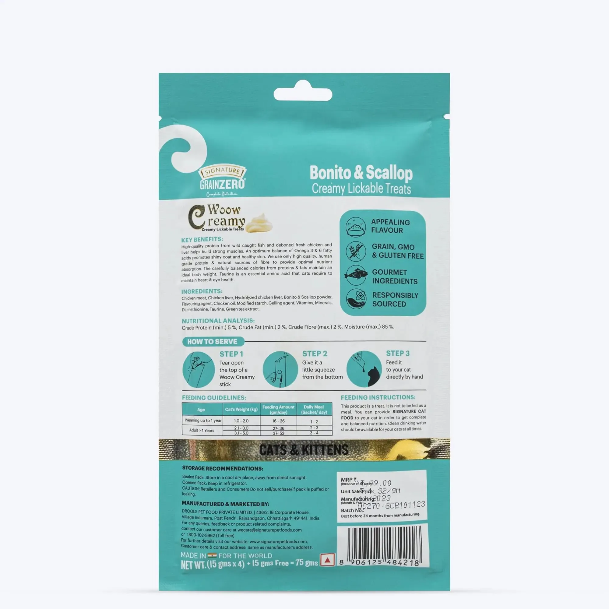 Signature Grain Zero Woow Creamy Bonito & Scallop Cat & Kitten Lickable Treats - 75 gm - 4 Sachet   1 Free