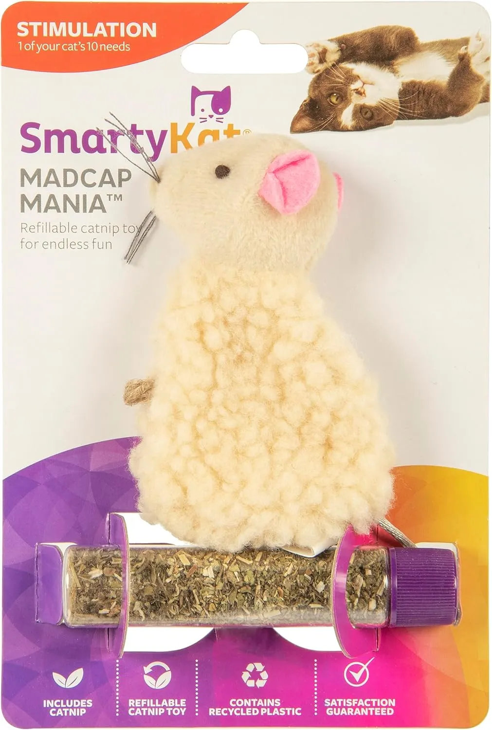 SmartyKat Madcap Mania Refillable Plush Catnip Cat Toy, Includes Catnip Tube (Pack of 2)