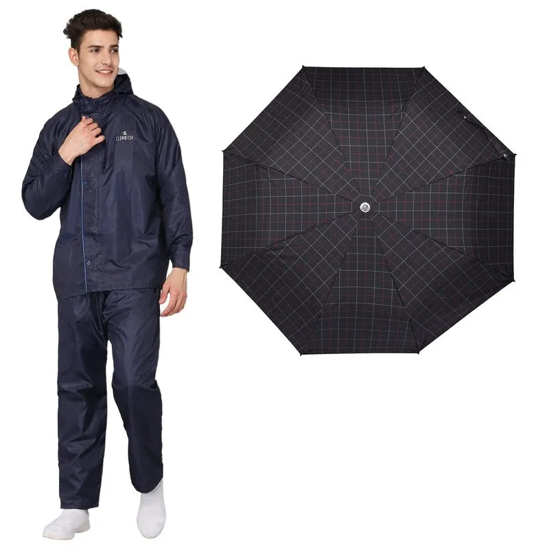 THE CLOWNFISH Combo Of Rain Coat for Men Waterproof Polyester (Blue L) Umbrella 3 Fold Waterproof Pongee (Checks Design- Dark Pink)