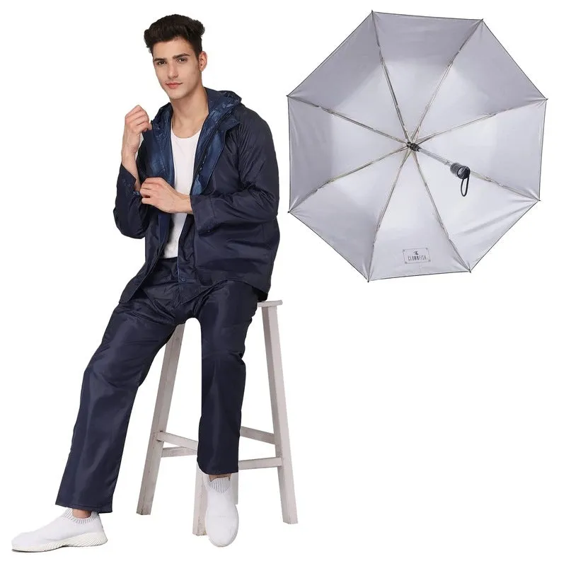 THE CLOWNFISH Combo Of Rain Coat for Men Waterproof Polyester (Blue L) Umbrella 3 Fold Waterproof Pongee (Checks Design- Dark Pink)