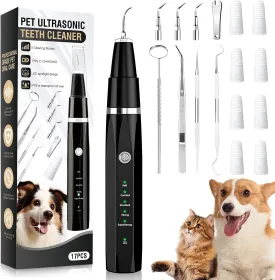 Ultrasonic Tooth Cleaner for Dogs, Dog Teeth Plaque Remover Pets Dental Care Scaler Tartar Stains Electric Cleaning Kit Finger Toothbrush Rechargeable 5 Cleaning Modes 4 Heads with LED Light (Black)