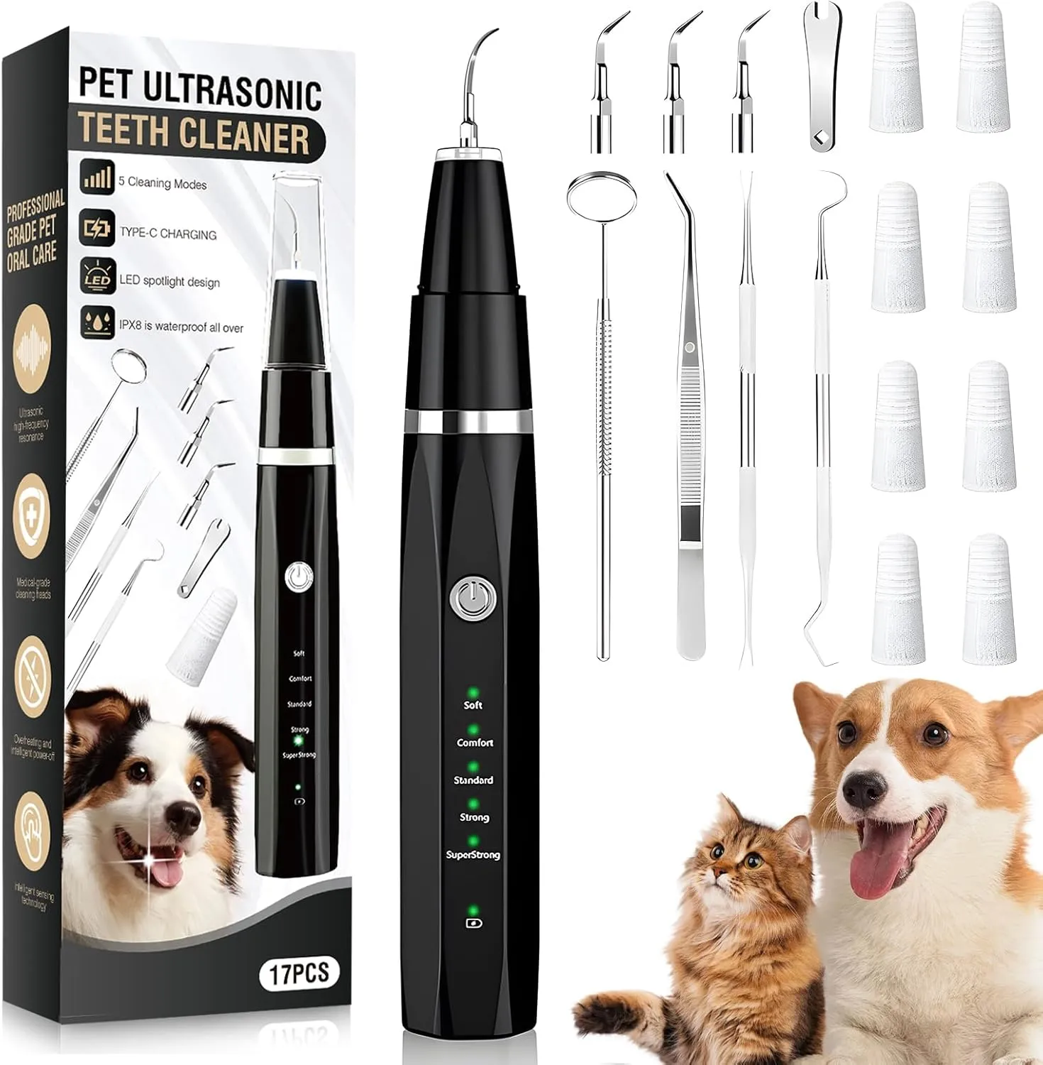 Ultrasonic Tooth Cleaner for Dogs, Dog Teeth Plaque Remover Pets Dental Care Scaler Tartar Stains Electric Cleaning Kit Finger Toothbrush Rechargeable 5 Cleaning Modes 4 Heads with LED Light (Black)