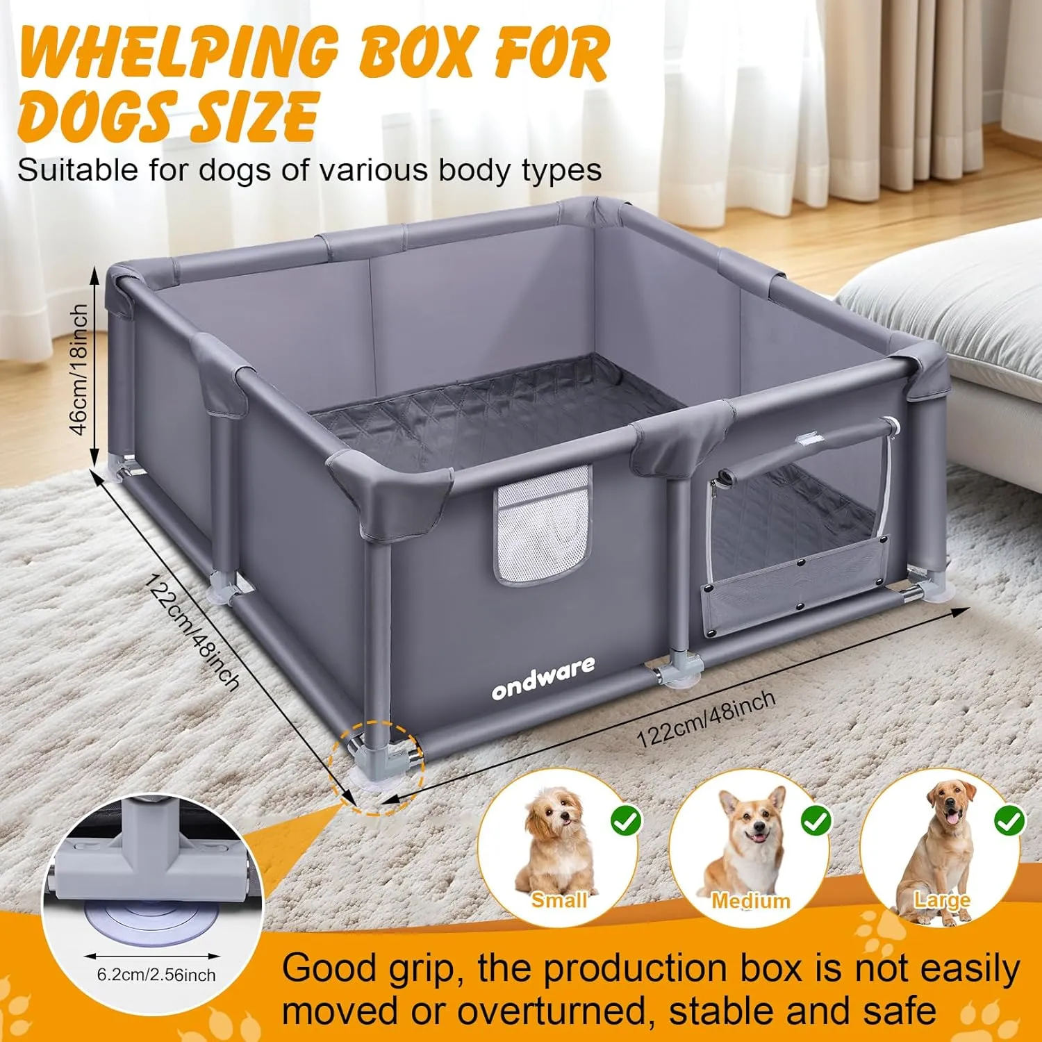 Whelping Box for Dogs and Puppies, 484818in Puppies Playpen Overall 150D Oxford Fabric with Waterproof Whelping Pad ID Collars for Medium Small Dogs